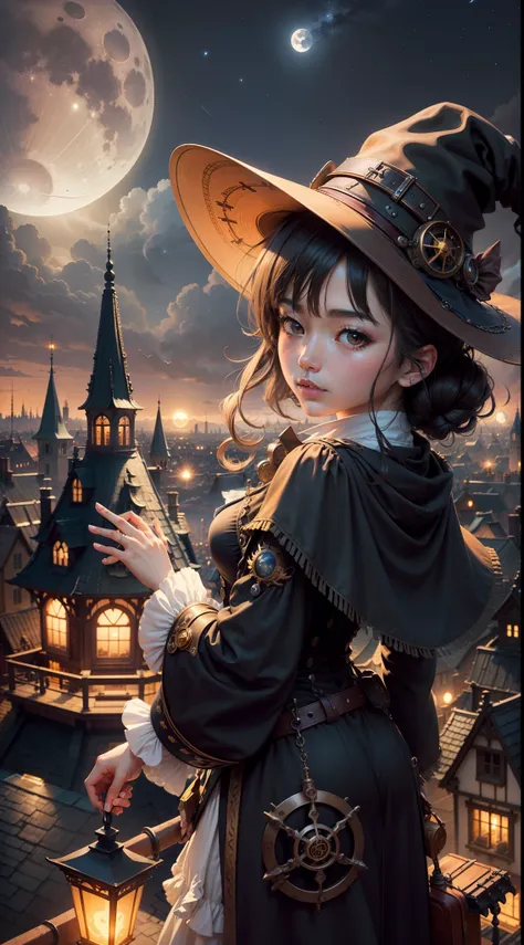 above the steampunk townscape、cute witch flying on a broom。night sky in the background。big moon。