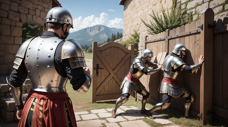 Roman soldiers in laminated armor destroying a wooden gate on a stone wall