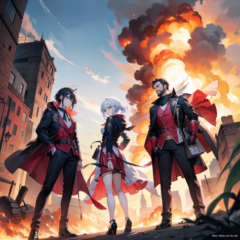 3 personagens de costas, 2 homens, 1 mulher, Protecting yourself from an explosion, small explosion, abaixados, corpos arqueados, elegante roupa, terno, vestido, personagens de costa, melhor qualidade, 4k, cinematographic scene, melhor qualidade de fundo, ...
