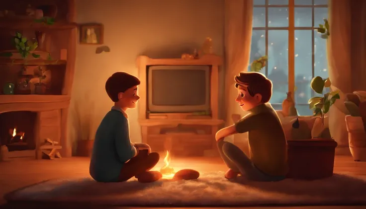 A warm scene of a boy sitting on the living room floor next to his grandfather. They are in front of a lit fireplace, casting a soft and cozy glow in the room. Each of them is holding a pot containing a small tree sapling with cartoon-like features. The bo...