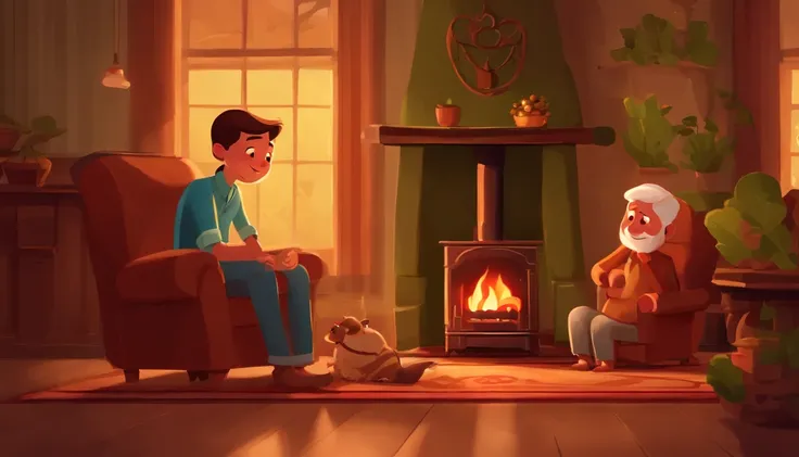 A warm scene of a boy sitting on the living room floor next to his grandfather. They are in front of a lit fireplace, casting a soft and cozy glow in the room. Each of them is holding a pot containing a small tree sapling with cartoon-like features. The bo...