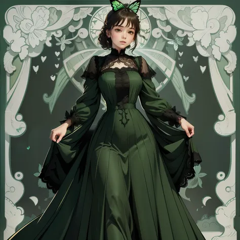 ((Masterpiece)), (Best quality), (Simple style), Green dress, Butterfly heart, Pleated lace, Edwardian lace dress.