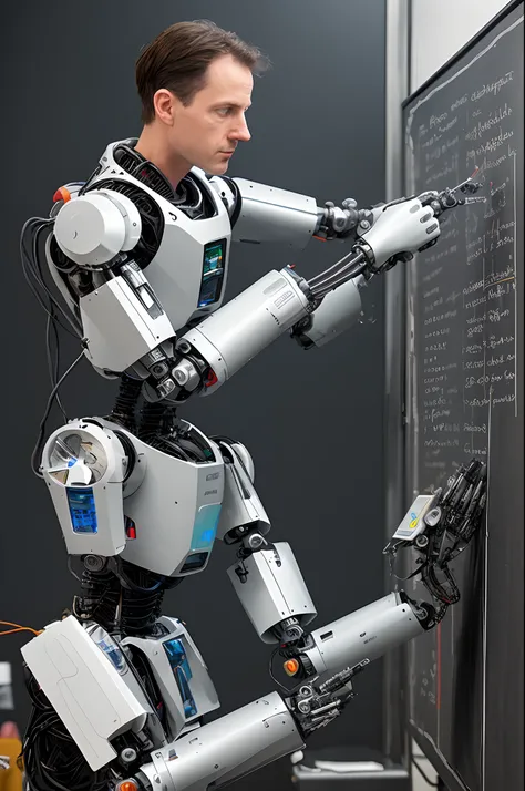 He designs a robot, with interchangeable mechanical limbs and a head
full of holographic diagrams, writing on a blackboard