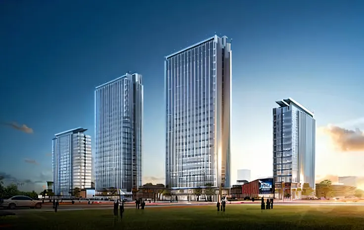 Renderings of the proposed hotel and casino towers in the City of Atlanta, sharp hq rendering, sharp foccus ilustration hq, High-rise buildings, Tall metal tower, mixed development, Tall structures, sharp focus ilustration hq, foster and partners, building...