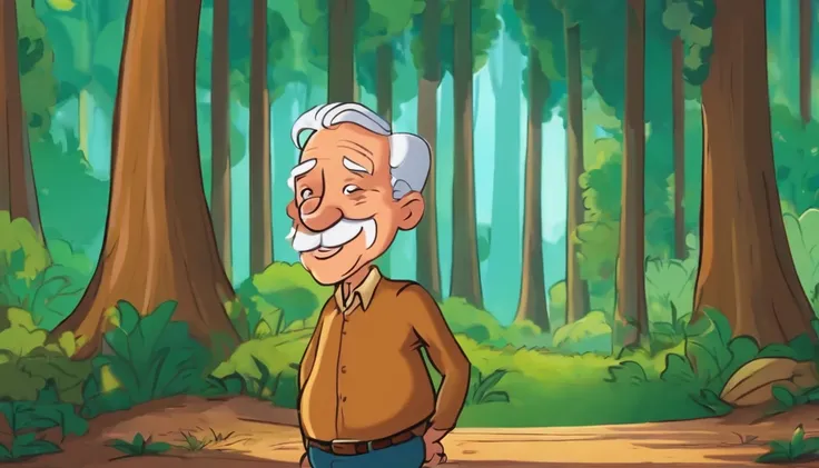 A very old man, a young boy, both with happy expressions, are talking about the future, standing in front of a forest, strong and beautiful trees, cartoon style