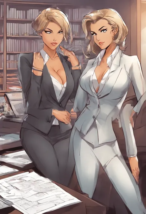 Trio of Milf in suit, erotic pose, horny expression, with class room background, exposed cleavage, partially nude