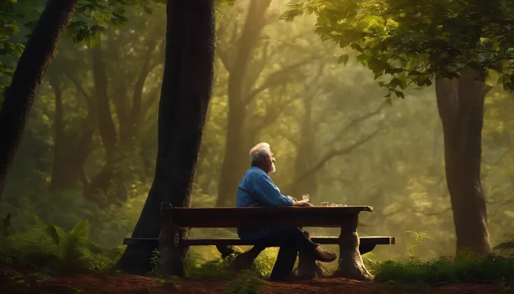 Homem velho conversando com seu neto sobre o futuro, expression of happiness, em frente a uma grande floresta. ultrarealista