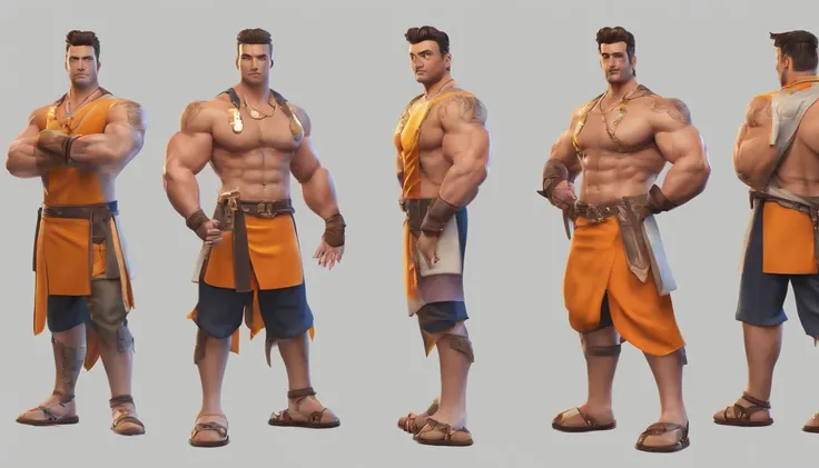 ((masterpiece)),(((best quality))),(character design sheet, same character, front, side, back), Reference sheet of adult male, muscle, short brown hair, orange eyes, barebacked, headband, cloth belt, bare foots, gold bracelet accessory, detailed face, deta...