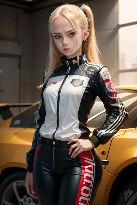 A 16-year-old American girl, Blond hair, Double horses, Wearing a small monkey hairpin, Wear a racing suit, Racing trousers, Expression of anger, Full-body photo