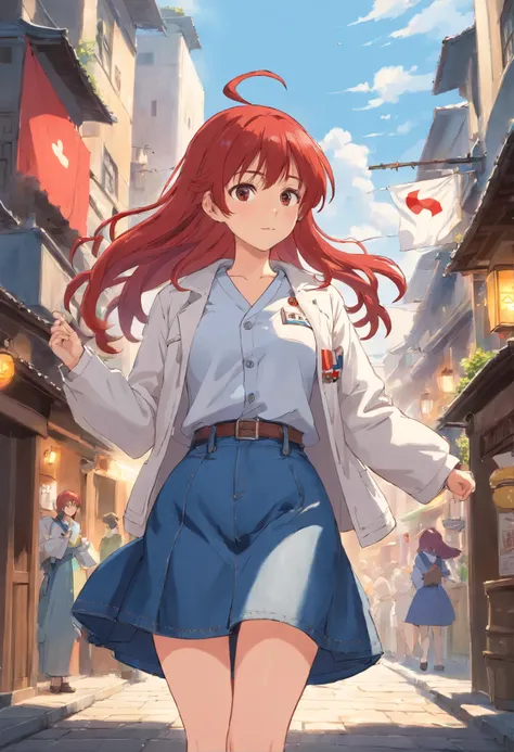 1girll, garments: Blue denim skirt, Flag Japan white coat, red hair, Long hair, Say goodbye with your hands, tmasterpiece, best qualityer, highly  detailed