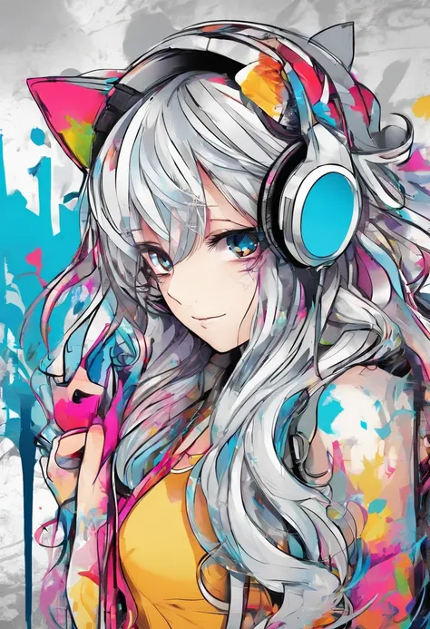 Silver-colored hair，Super Long Hair，light skinned，Vocaloid style，cat ear，headphones，A sexy，Whitelita，permeance，A person fits in an image