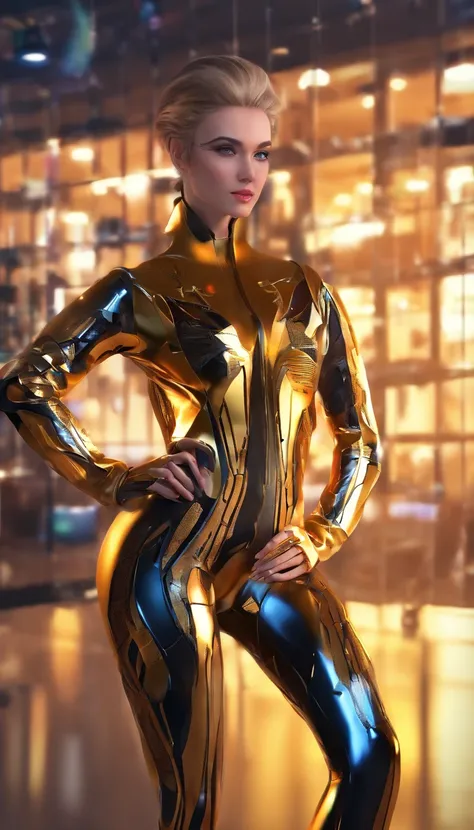 (((best quality))), (((masterpiece))), solo, super fine photo, full body picture Unreal Engine 5 8K UHD, beautiful girl, face detailed, wearing skin tight metallic latex catsuit with gold lace, latex collar, latex gloves, latex long socks with straps, arm ...