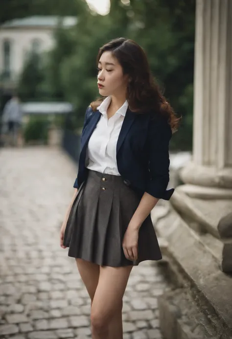 Masterpiece, Best quality, Super detailed, Panchira, Photo girl 18 years old, Cute, ((((Kpop idol)), , H cup, Skirt, Unbuttoned open school uniform, Socks, Brunette hair, Blurred, Blurred background, kneehighs, Open white shirt without buttons, Loafer shoe...