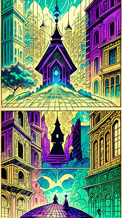 Comic storyboard，A romantic utopian scene，Comic book style，Colorful comics，People live in peace，The building is up to splendor，medieval times，Age of Magic，rainbowing，A traveling mage occupies the center of the frame，Chanting mantras with closed eyes，tmaste...