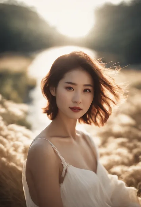 ((of the highest quality, 8K,Raw photo)), (Realistic, Photorealistic: 1.37), (Face Focus: 1.1), Small breasts, flat chest, Short Bob,A Japanese Lady、25-years old、 (White clothes: 1.1), 、Skirt, Sitting, Arms up, From below, Sunlight, Movie Lighting, Beautif...