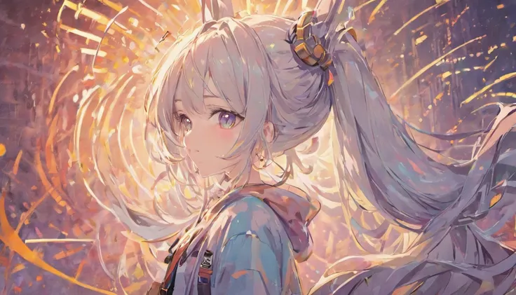 Silver-colored hair，Super Long Hair，light skinned，Vocaloid style，cat ear，headphones，A sexy，Whitelita，permeance，A person fits in an image