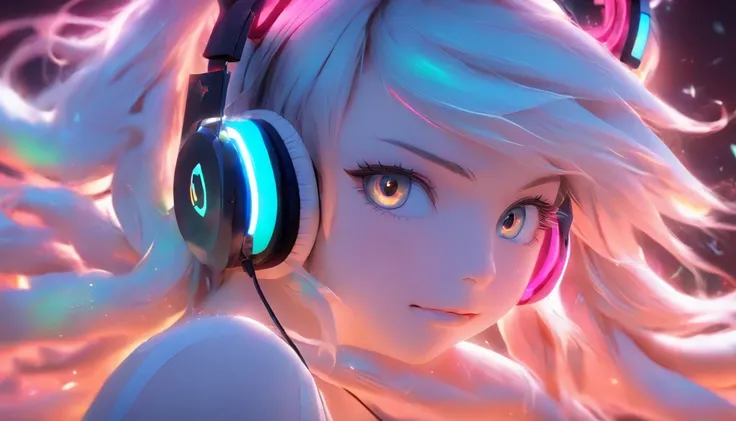 Silver-colored hair，Super Long Hair，light skinned，Vocaloid style，cat ear，headphones，A sexy，Whitelita，permeance，A person fits in an image