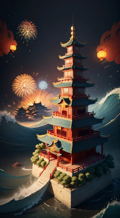 Cartoon illustration of a Chinese temple surrounded by waves and fireworks, beijing, dreamland of chinese, Inspired by Yang Buzhi, artwork in the style of z.Show on the. gu, background depicting a temple, Chinese New Year in Shanghai, digital painting of a...