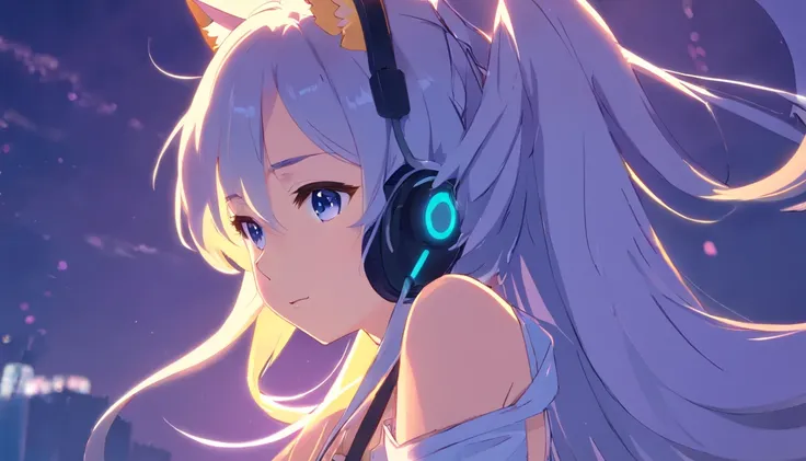 Silver-colored hair，Super Long Hair，light skinned，Vocaloid style，cat ear，headphones，A sexy，Whitelita，Solid background