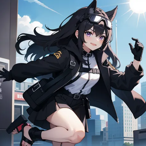 1girl, black open jacket, black tshirt, white thick skirt, waist pouches, shouler jacket, black neck collar, purple eyes, black long messy hair, long messy hair, black shoulder bag with pouches, shoulder bag, black sandals, black visor, black goggles, fron...