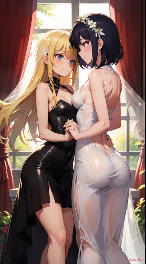 ​masterpiece、top-quality、hight resolution、Very detailed、8K Quality、Detailed background、detailed skin textures、chies、Light shining、Detailed light representation、Solemn atmosphere、Two beautiful girls、small tits、discreet breasts、Embarrassing、red blush、Looking...