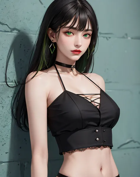 (masterpiece, best quality, 1girl, solo, intricate details, chromatic aberration), realistic, ((medium breath)), long black sleek hair with flat bangs, green highlights, green eyes, earrings, sharp eyes, red lips, choker, neon shirt, open jacket, crop top,...