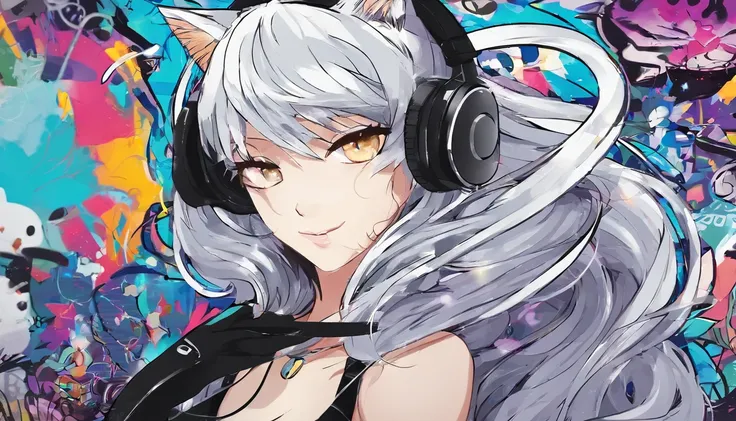 Silver-colored hair，Super Long Hair，light skinned，Vocaloid style，cat ear，headphones，A sexy，Whitelita，Solid background