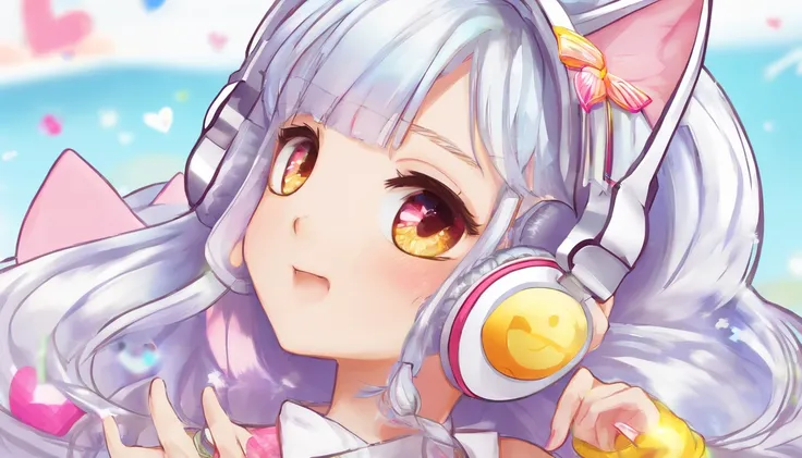 Silver-colored hair，Super Long Hair，light skinned，Vocaloid style，cat ear，headphones，A sexy，Whitelita，Solid background