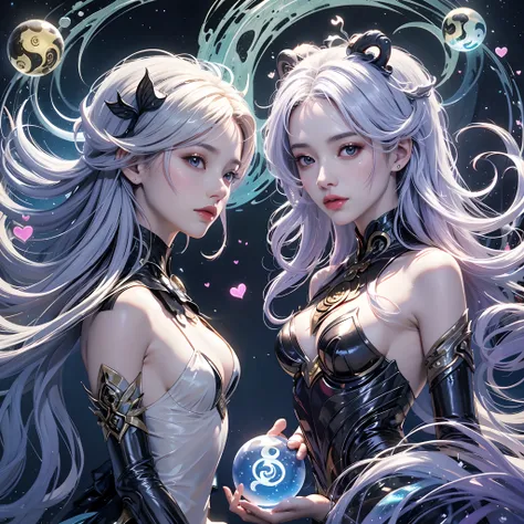 AI-generated painting at Sea Art、It depicts a fascinating image of yin and yang, (Max Quality, Exquisite design, The best lighting, Better shading). Statues of two mermaids in the shape of yin and yang. Inside the crystal ball, Under the moon and sun, Brin...