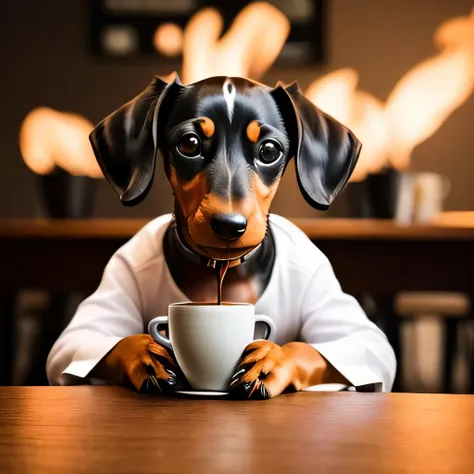 a person with a dachshund puppy head sitting at a table, (((drinking coffee))) while the room burns, fire, burning, (((flames))), table on fire, coffee on fire