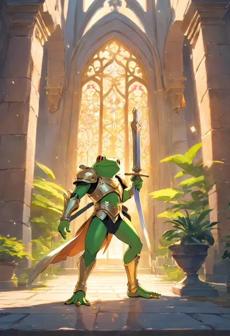 Frog Wearing gold armor and carrying big sword Anthropomorphic anthropomorphic frog in medieval European aristocratic clothes, intricate Griebles work, European castle behind, muscular body, muscular arms, small head, Ogro Monstruso, Titan, leather shoes, ...