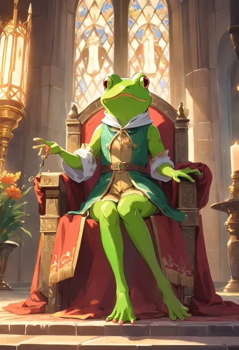 ((dressed in medieval European aristocratic clothes)), ((anthropomorphic humanoid frog)), intricate Gleebles work, ((throne room)), sumptuous decoration, aristocratic clothes, noble clothes , Small Head, Ogro Monstruzo, Titan, Leather Shoes, Soft Lighting,...