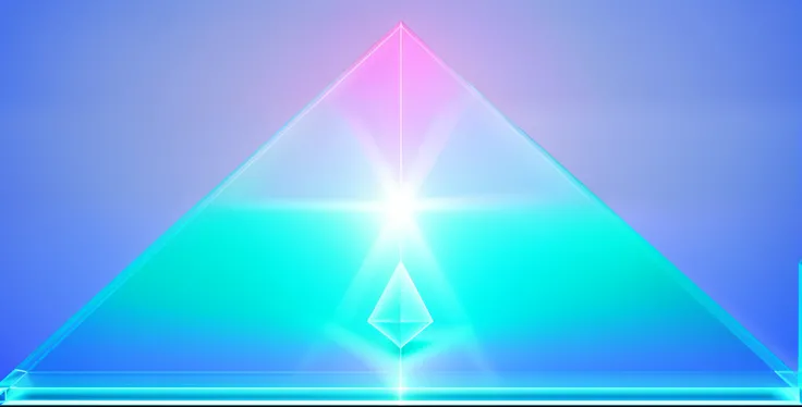 There is a blue triangle on which the light falls, Cyan Dimension Light, backdrop of pyramid, Pyramid Portal, hyperprism, prisma, prisma, Pyramids, 3d style light refraction, Prism Details, Clear geometry, Minimal background, Glass Shader, Blue and cyan co...