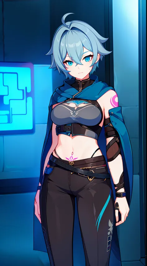 young girl, short gray hair, tomboy, Cyan eyes, Scars, Tatoo, Blue leather cloak, breeches, two swords, open breasts, Masterpiece, hiquality, 4k, HD, Good detail