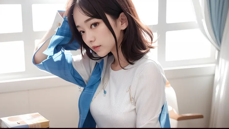 Close up of a woman in a white top and blue plaid shirt, sakimichan, Korean girl, ulzzangs, Shin Jinying, trending at cgstation, xintong chen, Choi Hyun-hwa, sun yunjoo, hwang se - on, Gorgeous young Korean woman, sakimi chan, gongbi, jia, xision wu