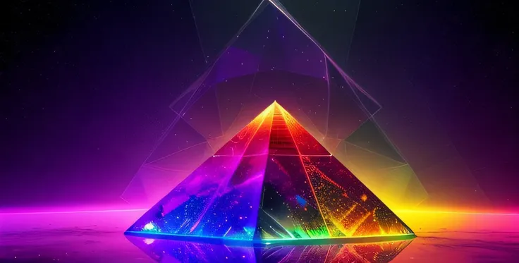 Pyramid made of rainbow crystals in space, glass materials, fractal lights, incredible reflextions, highly detailed, intricate details, emotional, dramatic, impressive, amazing colors. space landscapes, various angles floating points, unlimited, matrix, 01