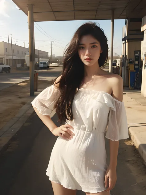 Best quality, masterpiece, ultra high res, (photorealistic:1.5), raw photo, 1girl, white cotton offshoulder dress, wasteland gas station background , sun light, long hair ( warm theme :1.3)