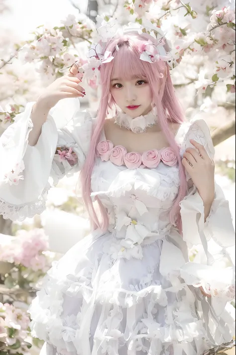 Arafe girl in white satin dress and pink hair poses for photo, Anime girl cosplay, Anime Cosplay, Belle Delphine, kinomoto sakura, ornate cosplay, Anime princess, portrait of the magical Lolita girl, Lolita Fashion, elegant glamourous cosplay, Cute anime w...