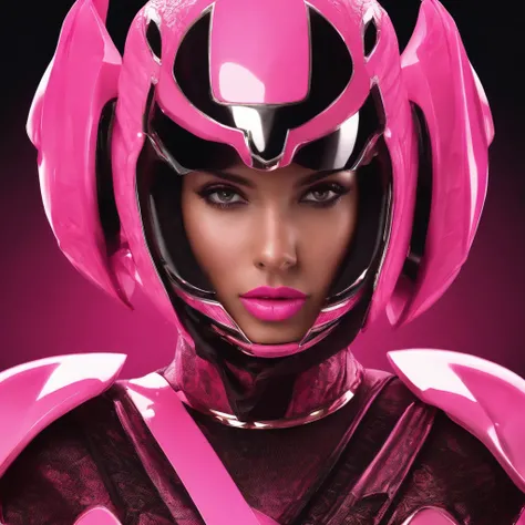 Portrait of futuristic pink Power Ranger from space, fashion, editorial, fotografia editorial, capa de revista, 4k, boneca, intricate details, black studio background, fundo preto, black background ::n_ low quality, full body, face, signature, mark, waterm...