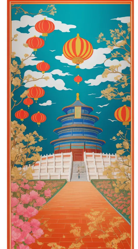 There is a phoenix with balloons and flowers, Temple of Heaven in Beijing，artwork in style of sheng lam, A beautiful artwork illustration, victo ngai! cmyk palette, vibrant tourism poster, an illustration of inspired by Victo Ngai, Chinese style painting, ...