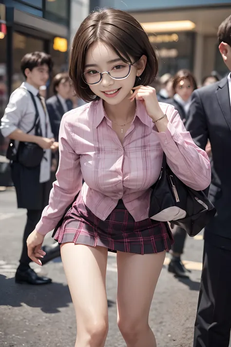 Pubic hair grows、Smile full of happiness、((()))、、、Panting face、Lacking、After being attacked、Sweating、Expression in a state of excitement、short-hair、eye glass、Business suits(Tight pink plaid mini skirt)、(((:1.3)))、