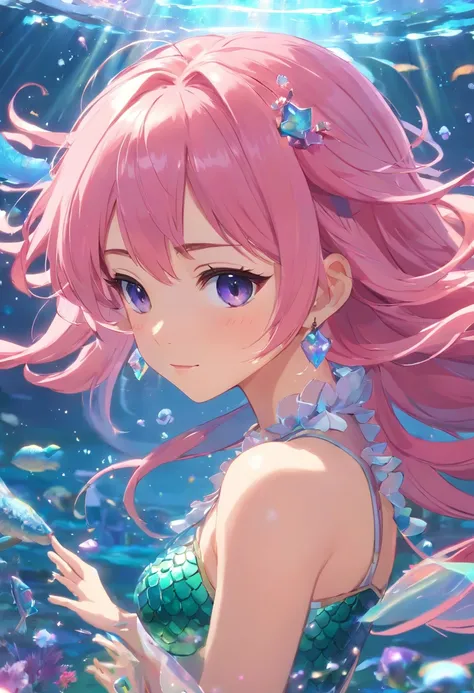 ACG 3D rendering,Pink hair, estrus, mermaid, exposed, Dreamy, Intricate details, 8k loli embellishment tiara,Pop on the art stage Imperial Sisters