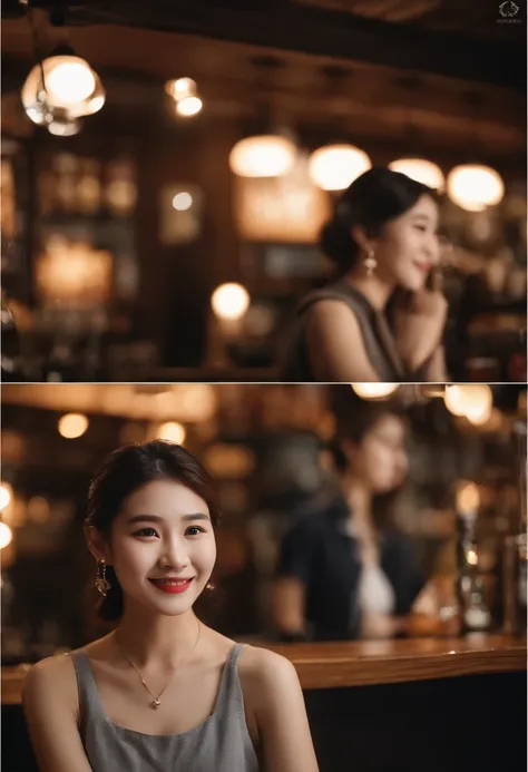 Generate a photo of a Japan woman around 20 years old working at a girls bar counter。She was standing inside the counter.、I am wearing a classy tank top dress。In her ears there are small earrings。Her hair is long、Makes a lively impression。She is smiling an...