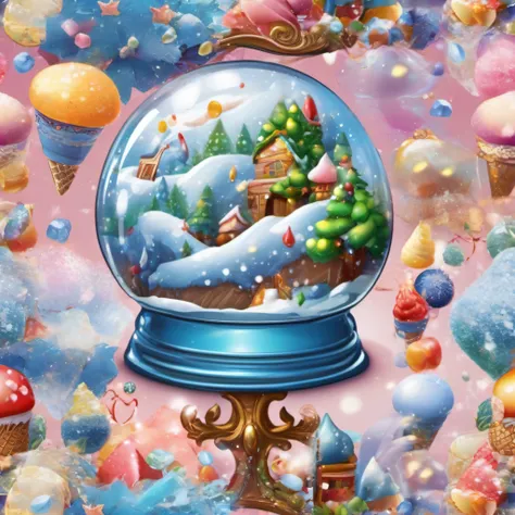 (Precise and unmatched illustrations:1.3), (1girl:1.3), (Fairies eating big ice-creams is in a snow globe), (kawaii, Cute, Tiny,chibi:1.3), (wearing Fairy wings of crystal-clear ice material:1.5), (dress), BREAK,(Simple Background:1.3),(The World in a snow...