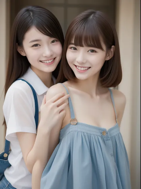 Two beautiful women、18year old 、student clothes、Half body shot、80mm、A smile、bangss、NSFW、nudde、nudde