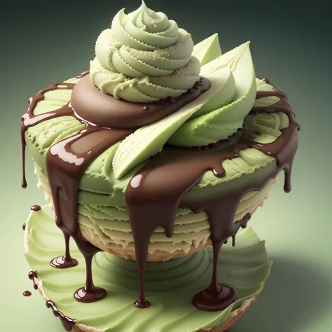 A matcha ice cream cone，Drizzle with dark chocolate sauce on top，Soft，Delicious， Complete shot，Vibrant green background，Realistic and detailed images，Ultra-clear，HighestQuali，Food wallpapers