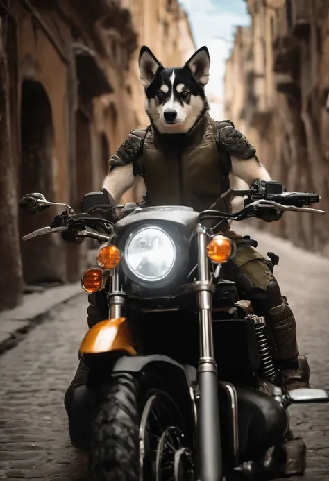 Un perro husky monta una motocicleta mecha，cara encantadora，Usando armadura de batalla，Wear tactical goggles，Machine gun artillery on motorcycles，Jump through a ruined city，La escena es grandiosa，La imagen es HD，The visual sense of the film，4k