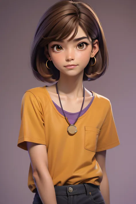 master part, best quality, 1st grade, brown eyes, brown hair, straight hair, short hair, earrings, (long shirt), (purple landyard),(yellow idcard),simple bottom, alone, upper body