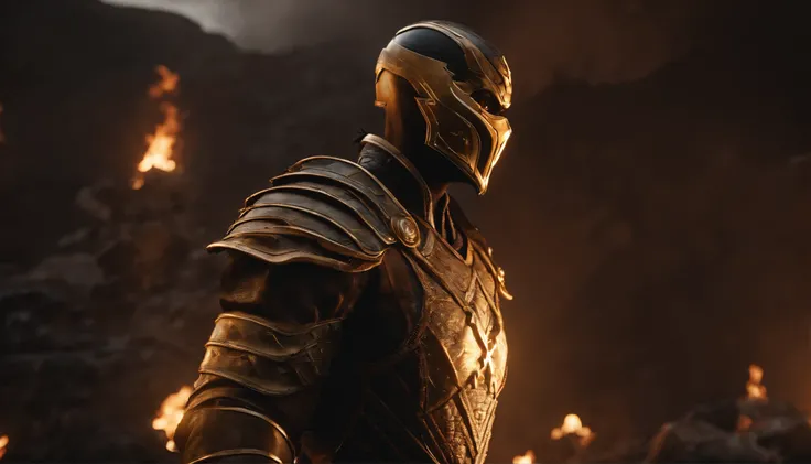 A cinematic marvel: Mortal Kombats Scorpio Emerges in Ultra Hyper-Realistic Glory in Unreal Engine 5, adornado em um resplandecente traje moderno real que brilha com intrincados fios dourados e tecidos texturizados luxuosos. Seus olhos brilham como fogo, c...