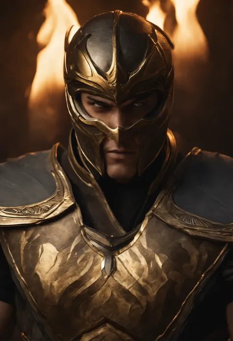 A cinematic marvel: Mortal Kombats Scorpio Emerges in Ultra Hyper-Realistic Glory in Unreal Engine 5, adornado em um resplandecente traje moderno real que brilha com intrincados fios dourados e tecidos texturizados luxuosos. Seus olhos brilham como fogo, c...